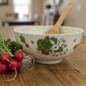 Vintage Look White Bunny Rabbit Radish Garden Large 10" Ceramic Serving Bowl NWT